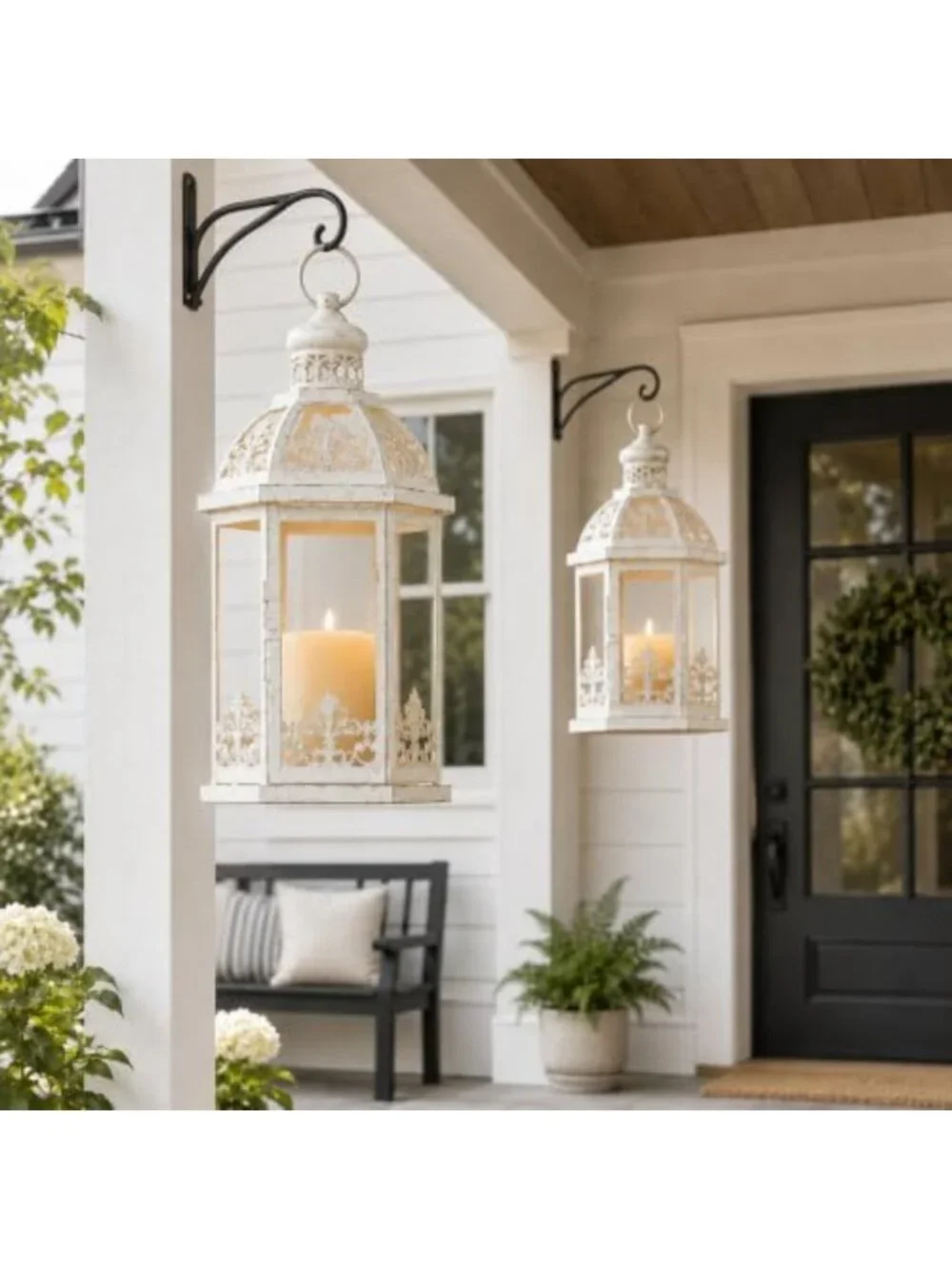 Set of 2 Beige Metal Lanterns for Indoor & Outdoor Decor - Candle Holders for